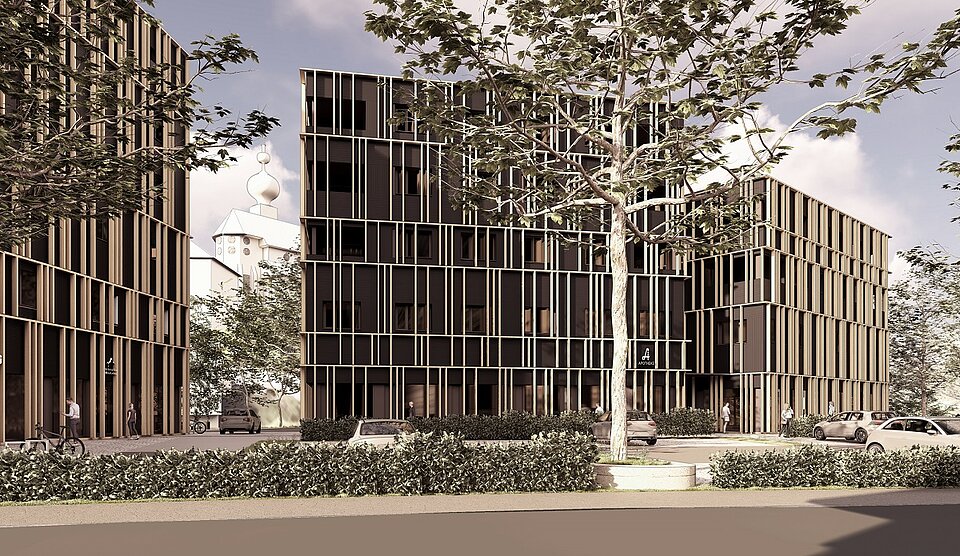 Visualisierung des Projekts Rätikon Eins mit Sicht auf die Tschaggunser Kirche
