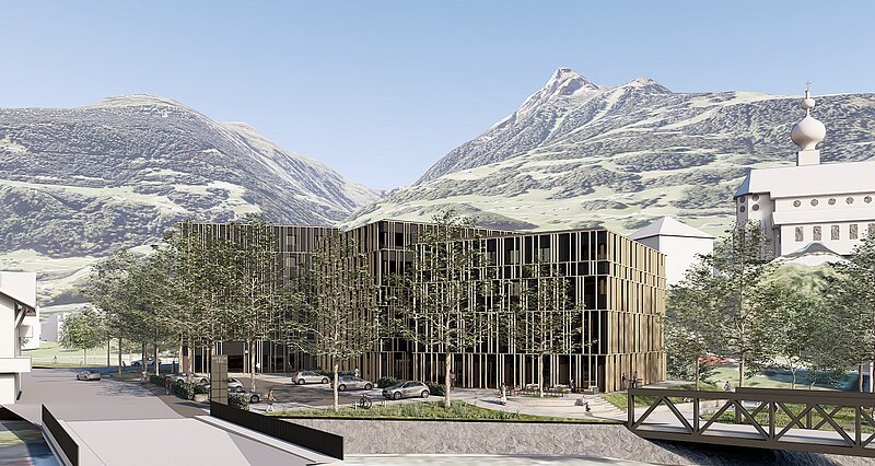 Visualisierung der drei Baukörper mit Holzfassade des Projekts Rätikon Eins